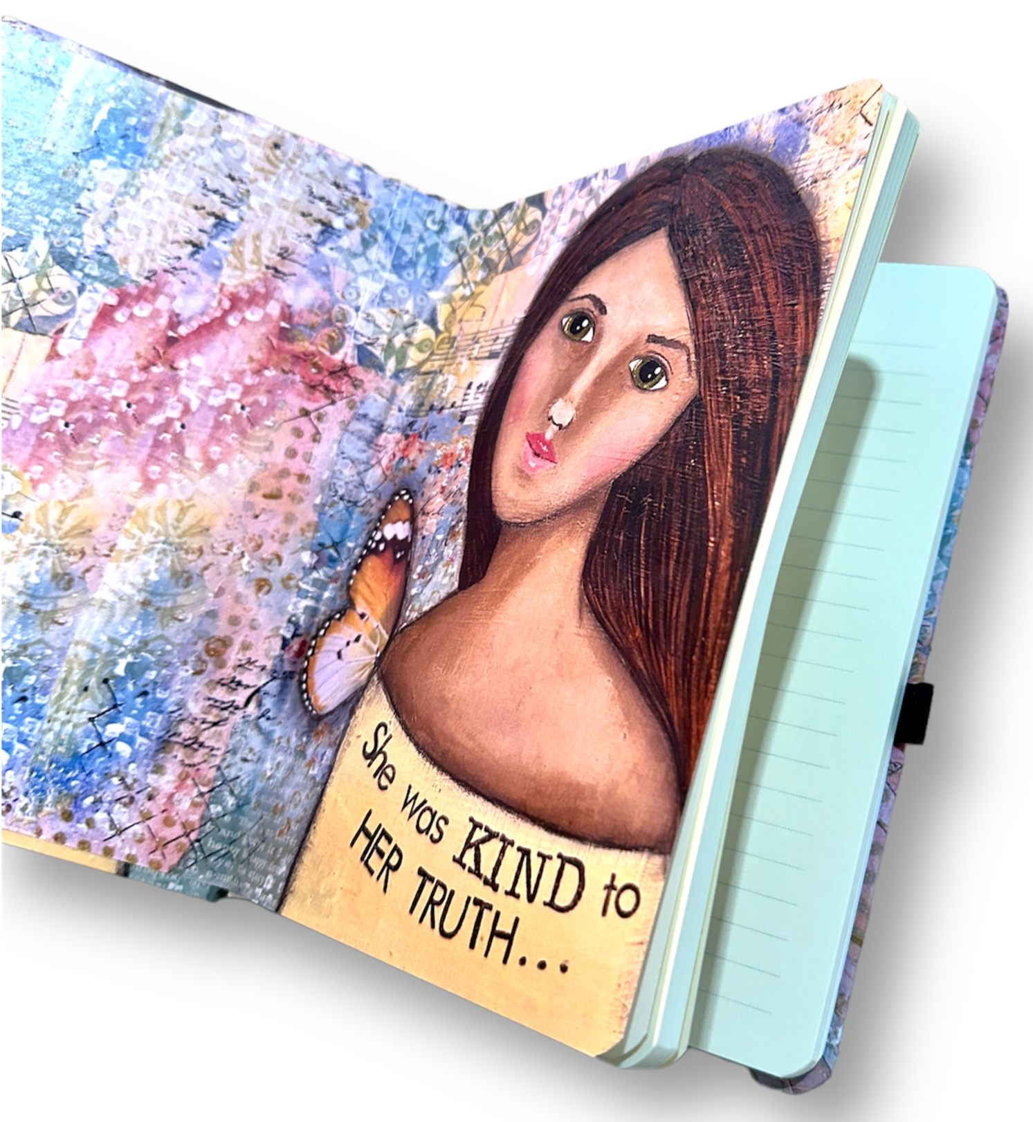 whimsy and me, yellow, mixed media, butterfly girl, brunette, framed, recycled frame, green eyes, whimsical girl, journal, writing