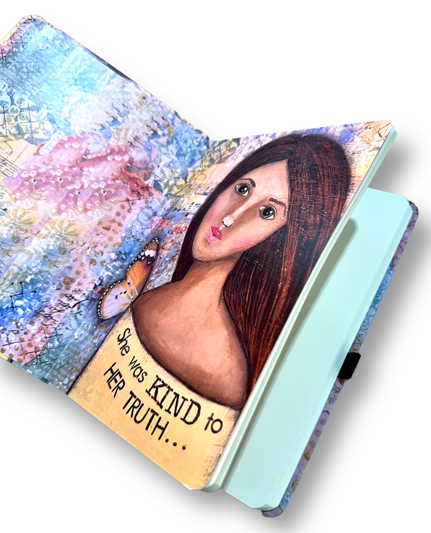 whimsy and me, yellow, mixed media, butterfly girl, brunette, framed, recycled frame, green eyes, whimsical girl, journal, art, sketchbook, hard cover