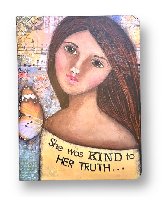 whimsy and me, yellow, mixed media, butterfly girl, brunette, framed, recycled frame, green eyes, whimsical girl, journal, art, sketchbook, hard cover