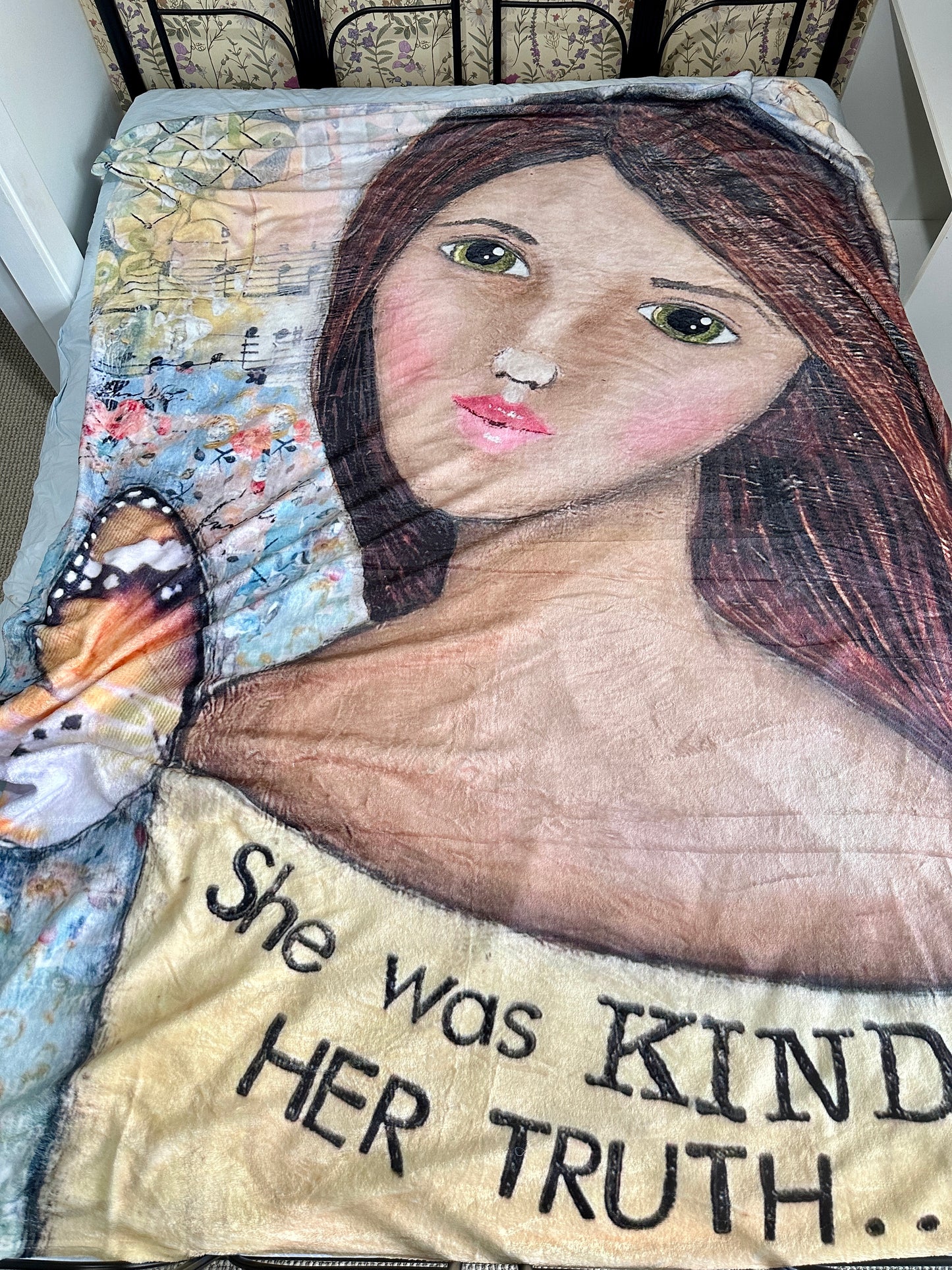 whimsy and me, yellow, mixed media, butterfly girl, brunette, framed, recycled frame, green eyes, whimsical girl, soft, snuggly, warm, queen bed