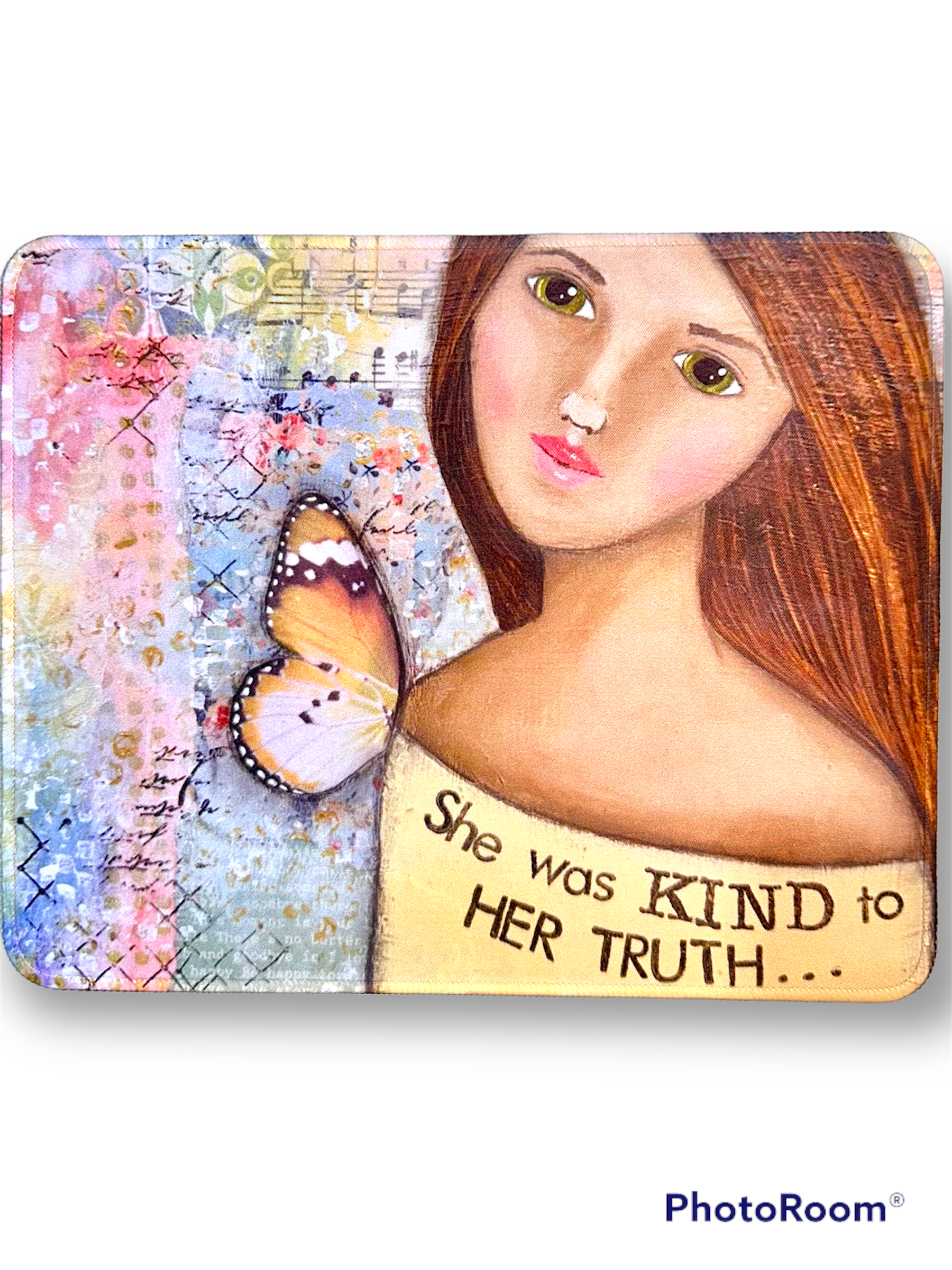 whimsy and me, yellow, mixed media, butterfly girl, brunette, framed, recycled frame, green eyes, whimsical girl, mouse pad, creative
