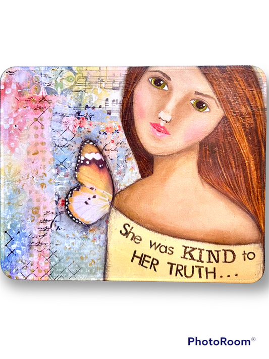 whimsy and me, yellow, mixed media, butterfly girl, brunette, framed, recycled frame, green eyes, whimsical girl, mouse pad, creative