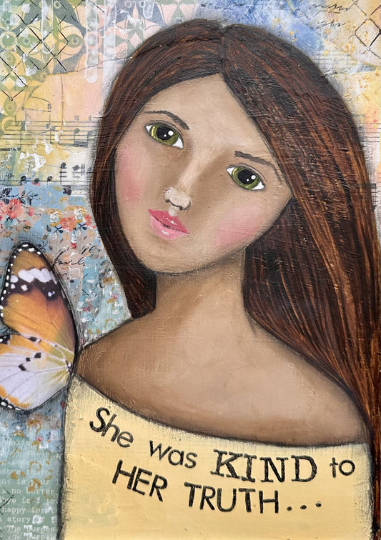 whimsy and me, yellow, mixed media, butterfly girl, brunette, framed, recycled frame, green eyes, whimsical girl, art print