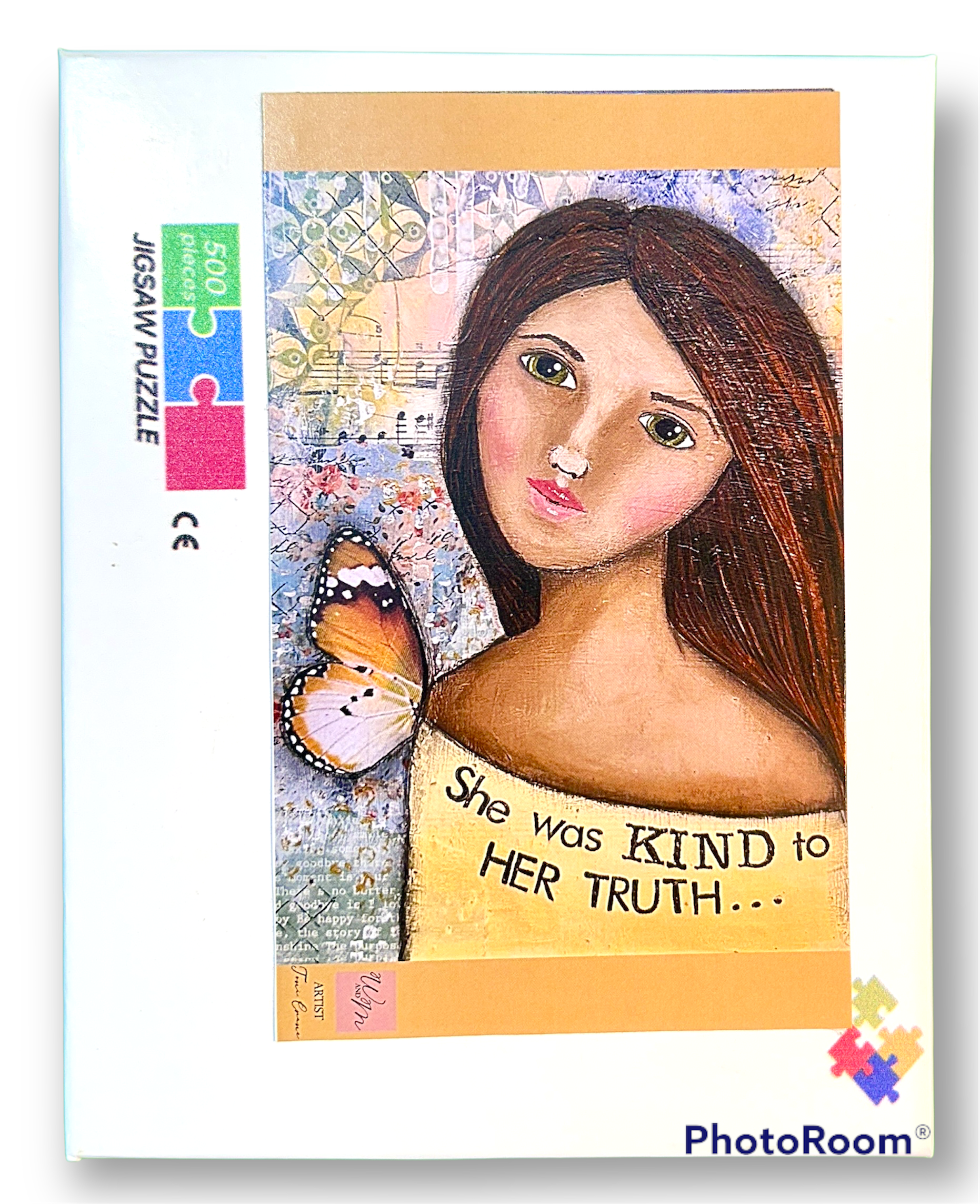 whimsy and me, yellow, mixed media, butterfly girl, brunette, framed, recycled frame, green eyes, whimsical girl, puzzle, creative