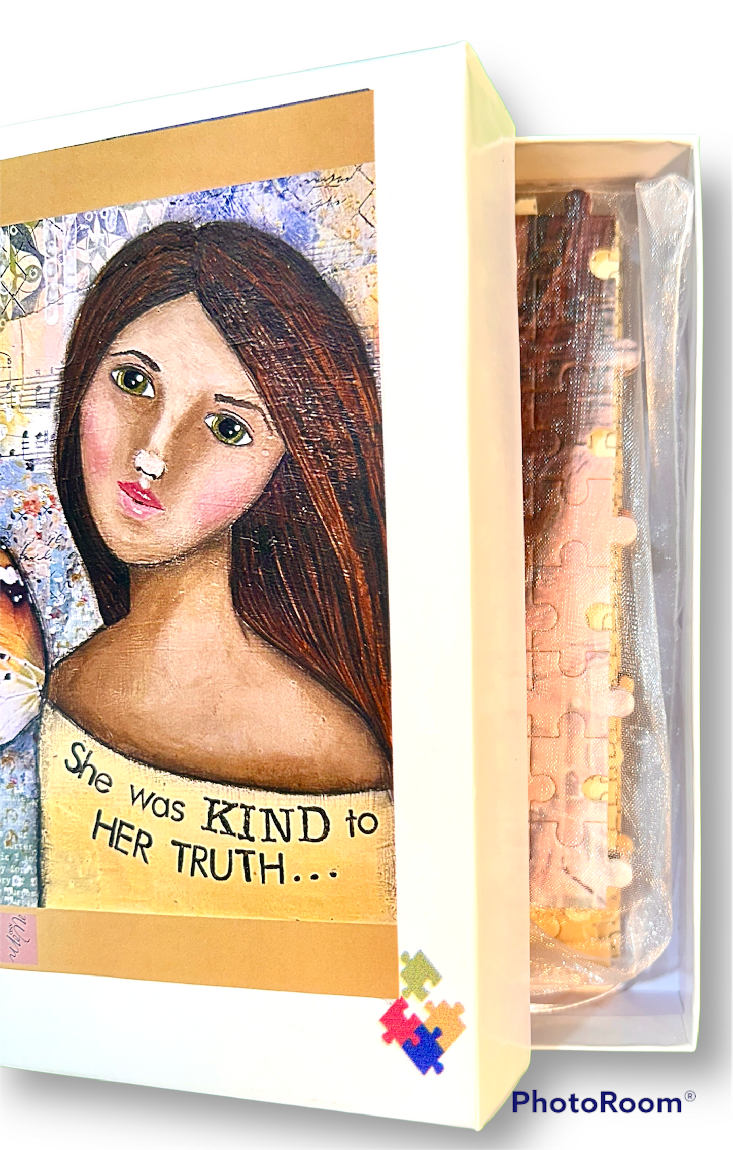 whimsy and me, yellow, mixed media, butterfly girl, brunette, framed, recycled frame, green eyes, whimsical girl, puzzle, creative