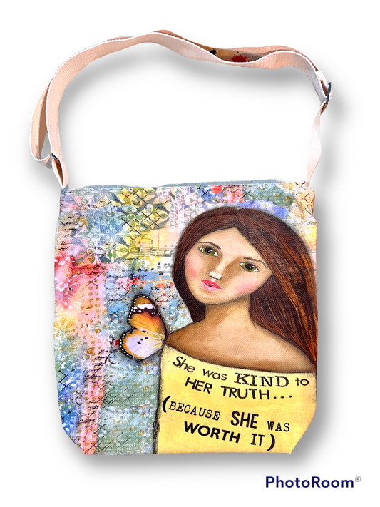 whimsy and me, yellow, mixed media, butterfly girl, brunette, framed, recycled frame, green eyes, whimsical girl, satchel bag