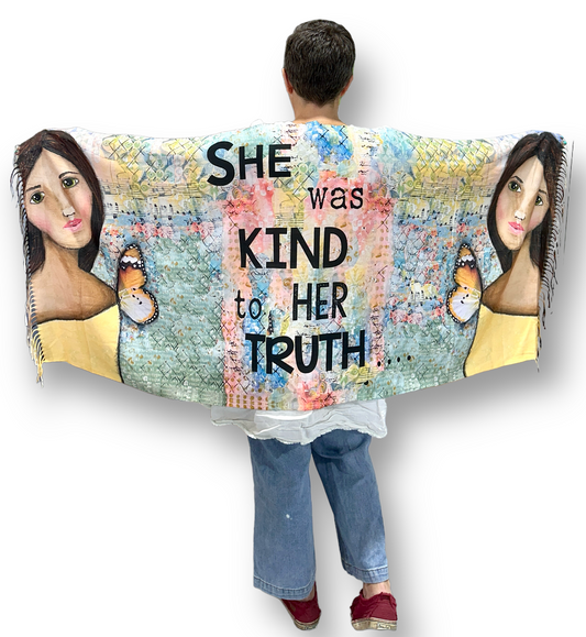 whimsy and me, yellow, mixed media, butterfly girl, brunette, framed, recycled frame, green eyes, whimsical girl, shawl, snuggly, cosy