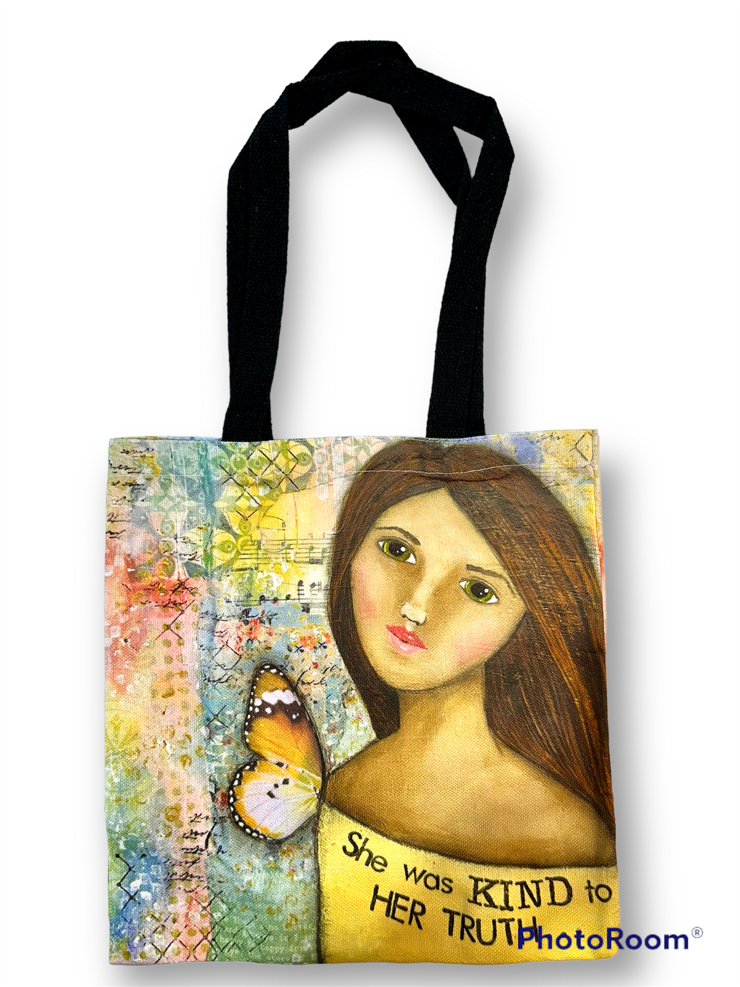 whimsy and me, yellow, mixed media, butterfly girl, brunette, framed, recycled frame, green eyes, whimsical girl, tote bag
