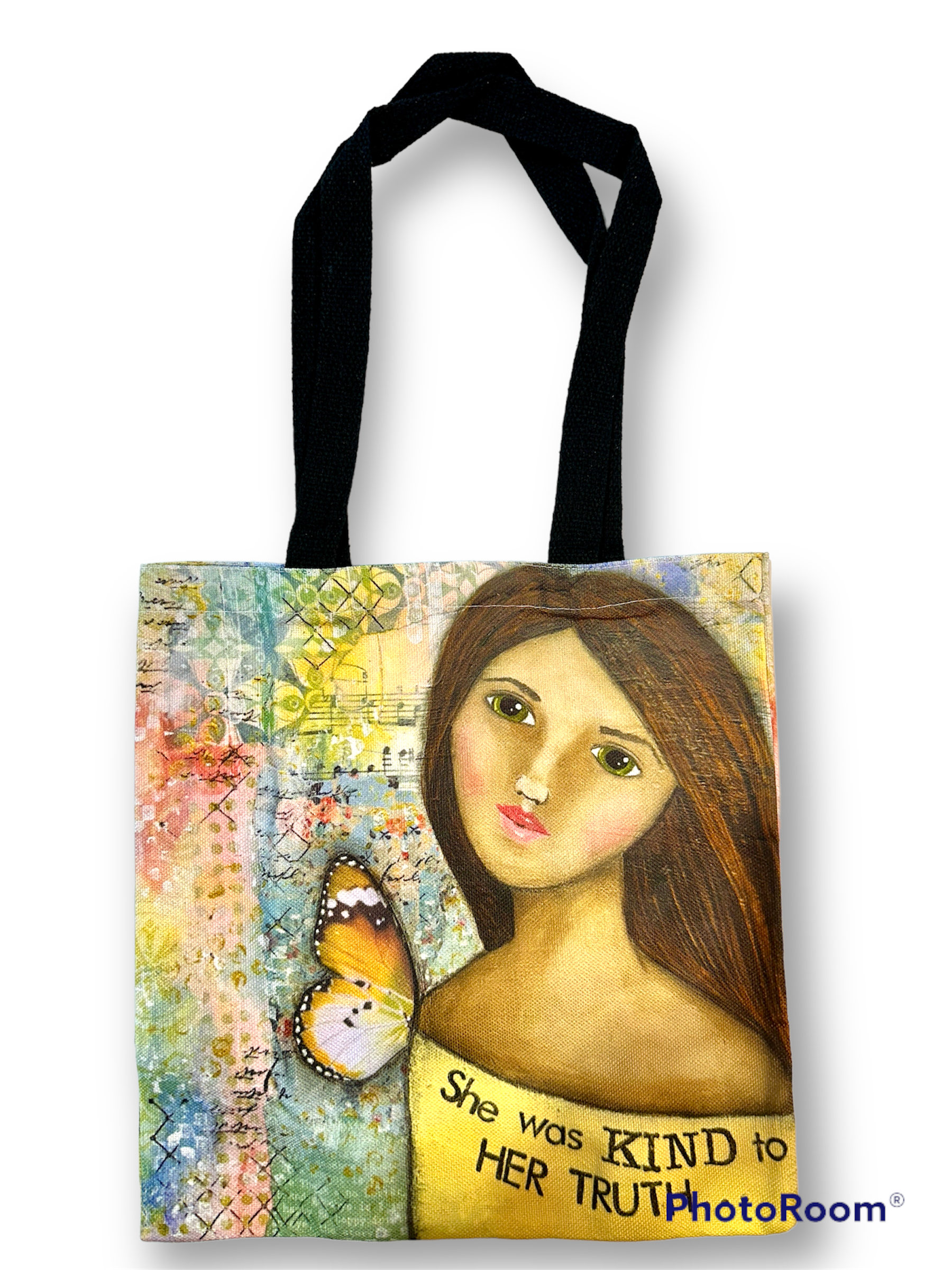 whimsy and me, yellow, mixed media, butterfly girl, brunette, framed, recycled frame, green eyes, whimsical girl, tote bag