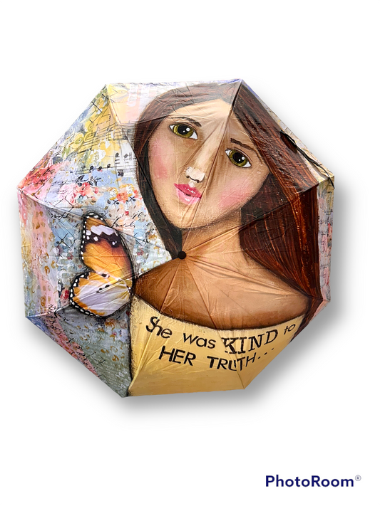 whimsy and me, yellow, mixed media, butterfly girl, brunette, framed, recycled frame, green eyes, whimsical girl, umbrella
