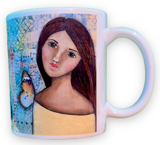 whimsy and me, yellow, mixed media, butterfly girl, brunette, framed, recycled frame, green eyes, whimsical girl, mug