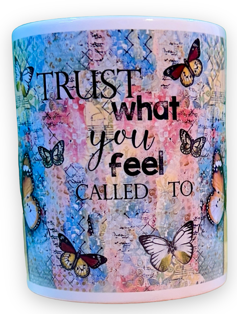 whimsy and me, yellow, mixed media, butterfly girl, brunette, framed, recycled frame, green eyes, whimsical girl, mug