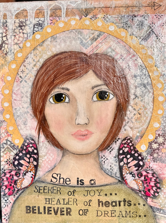 whimsy and me, yellow, mixed media, butterfly girl, brunette, halo, hazel eyes pink butterfly, healer, whimsical girl