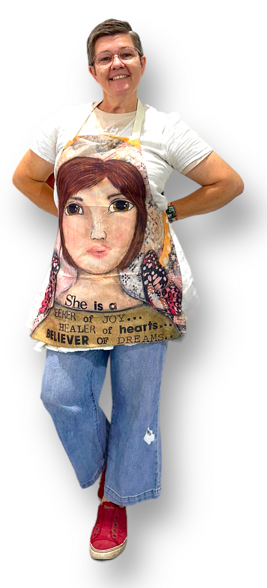 whimsy and me, yellow, mixed media, butterfly girl, brunette, halo, hazel eyes pink butterfly, healer, whimsical girl, adults apron