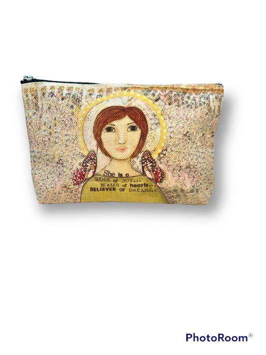 whimsy and me, yellow, mixed media, butterfly girl, brunette, halo, hazel eyes pink butterfly, healer, whimsical girl, beauty bag