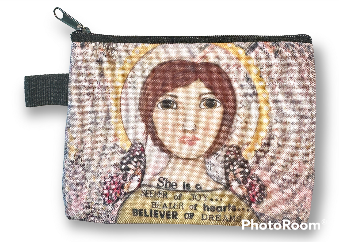 whimsy and me, yellow, mixed media, butterfly girl, brunette, halo, hazel eyes pink butterfly, healer, whimsical girl, coin purse