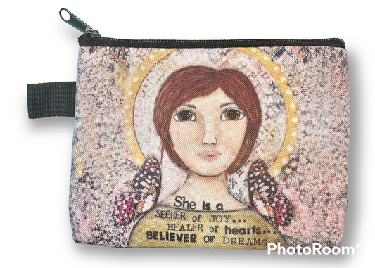 whimsy and me, yellow, mixed media, butterfly girl, brunette, halo, hazel eyes pink butterfly, healer, whimsical girl, coin purse