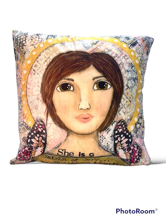 whimsy and me, yellow, mixed media, butterfly girl, brunette, halo, hazel eyes pink butterfly, healer, whimsical girl, cushion cover, soft, snuggly, cosy, double sided