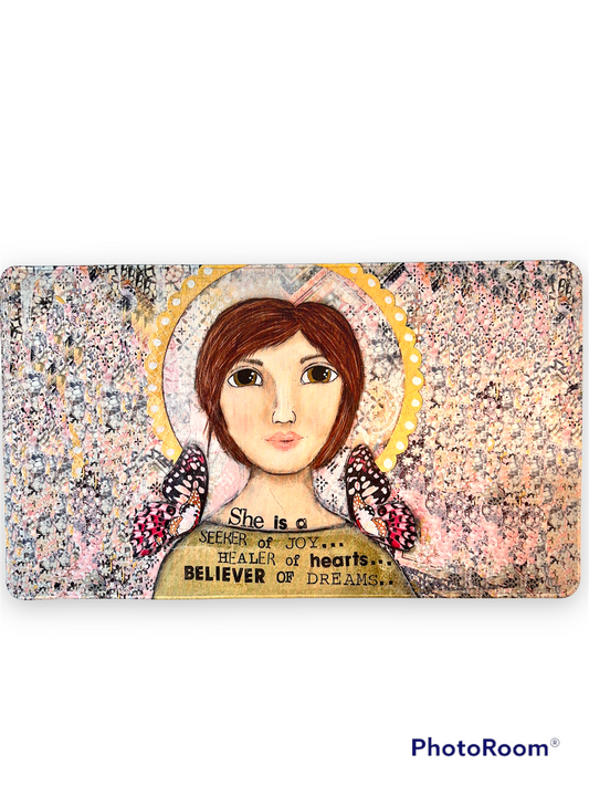 whimsy and me, yellow, mixed media, butterfly girl, brunette, halo, hazel eyes pink butterfly, healer, whimsical girl, gaming mat, soft, comfortable