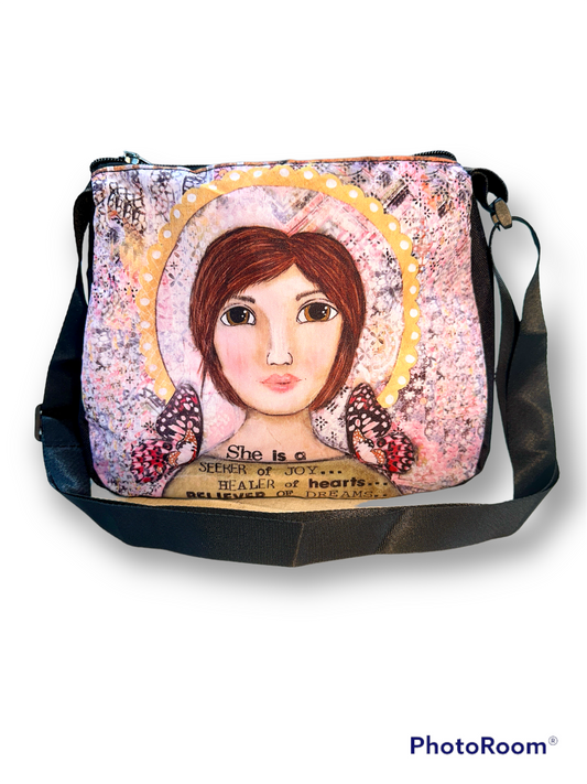 whimsy and me, yellow, mixed media, butterfly girl, brunette, halo, hazel eyes pink butterfly, healer, whimsical girl, hand bag
