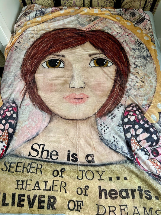 whimsy and me, yellow, mixed media, butterfly girl, brunette, halo, hazel eyes pink butterfly, healer, whimsical girl, minki blanket, soft, cosy, snuggly, queen bed