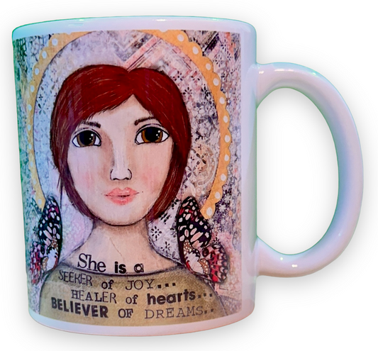 whimsy and me, yellow, mixed media, butterfly girl, brunette, halo, hazel eyes pink butterfly, healer, whimsical girl, mug