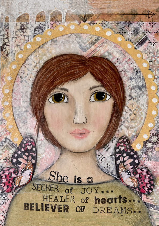 whimsy and me, yellow, mixed media, butterfly girl, brunette, halo, hazel eyes pink butterfly, healer, whimsical girl, art print