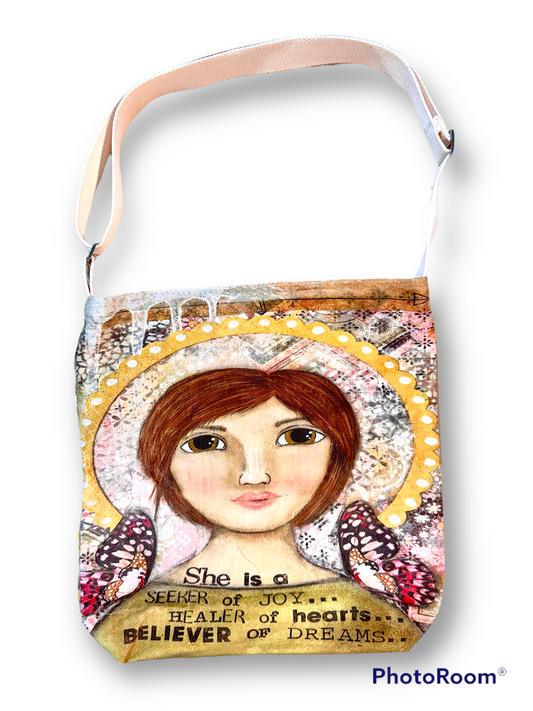 whimsy and me, yellow, mixed media, butterfly girl, brunette, halo, hazel eyes pink butterfly, healer, whimsical girl, satchel bag