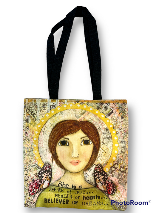 whimsy and me, yellow, mixed media, butterfly girl, brunette, halo, hazel eyes pink butterfly, healer, whimsical girl, tote bag