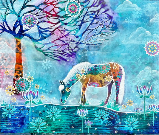 whimsy and me, whimsical horse, intuitive painting, creek, bold colors, lotus flowers, water, free, purple, turquoise, flowers, forest, trees