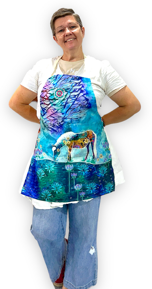 whimsy and me, whimsical horse, intuitive painting, creek, bold colors, lotus flowers, water, free, purple, turquoise, flowers, forest, trees, adults apron