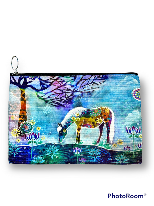 whimsy and me, whimsical horse, intuitive painting, creek, bold colors, lotus flowers, water, free, purple, turquoise, flowers, forest, trees, art, beauty bag, double sided