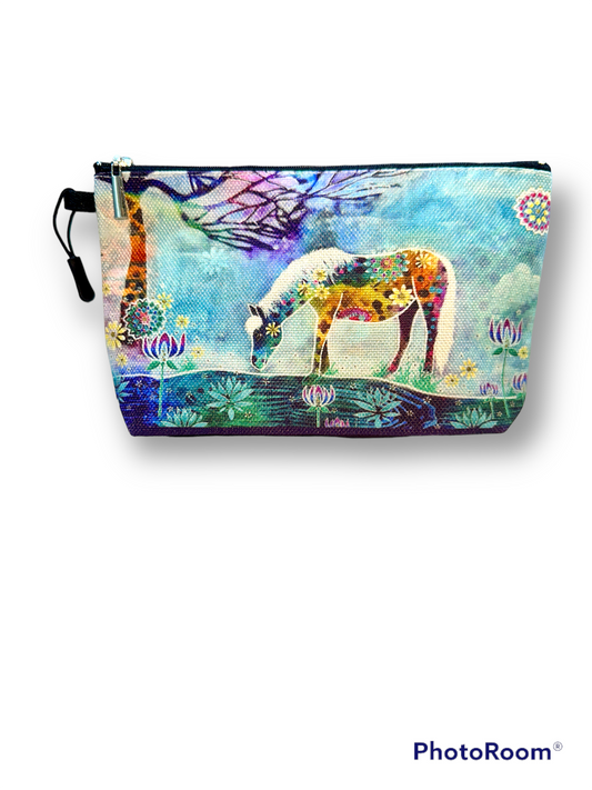 whimsy and me, whimsical horse, intuitive painting, creek, bold colors, lotus flowers, water, free, purple, turquoise, flowers, forest, trees, art, beauty bag, double sided