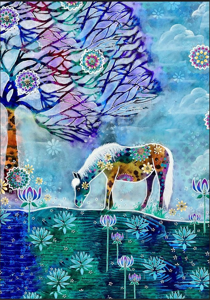 whimsy and me, whimsical horse, intuitive painting, creek, bold colors, lotus flowers, water, free, purple, turquoise, flowers, forest, trees, gift card