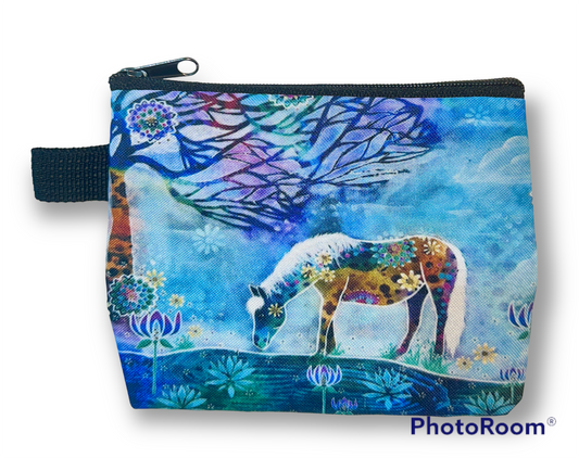 whimsy and me, whimsical horse, intuitive painting, creek, bold colors, lotus flowers, water, free, purple, turquoise, flowers, forest, trees, coin purse