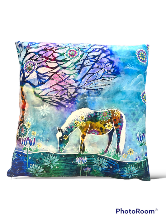 whimsy and me, whimsical horse, intuitive painting, creek, bold colors, lotus flowers, water, free, purple, turquoise, flowers, forest, trees, art, cushion cover, snuggly, soft, cosy, double sided