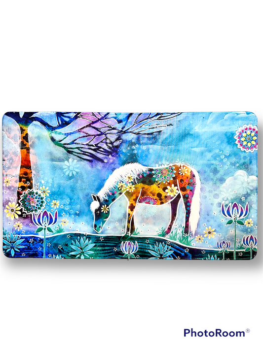 whimsy and me, whimsical horse, intuitive painting, creek, bold colors, lotus flowers, water, free, purple, turquoise, flowers, forest, trees, art, gaming mat, soft