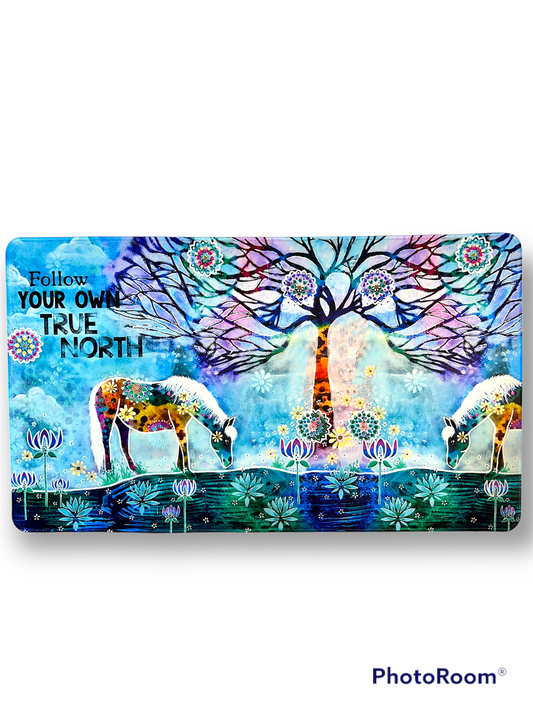 whimsy and me, whimsical horse, intuitive painting, creek, bold colors, lotus flowers, water, free, purple, turquoise, flowers, forest, trees, art, gaming mat, soft