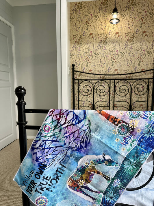 whimsy and me, whimsical horse, intuitive painting, creek, bold colors, lotus flowers, water, free, purple, turquoise, flowers, forest, trees, gym towel, soft, cosy, snuggly, creative