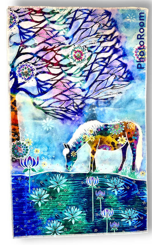 whimsy and me, whimsical horse, intuitive painting, creek, bold colors, lotus flowers, water, free, purple, turquoise, flowers, forest, trees, art, hand towel, soft