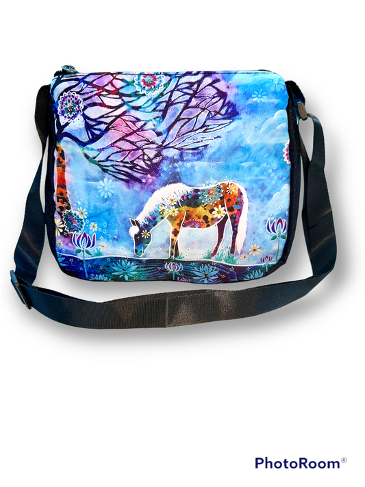 whimsy and me, whimsical horse, intuitive painting, creek, bold colors, lotus flowers, water, free, purple, turquoise, flowers, forest, trees, art, hand bag