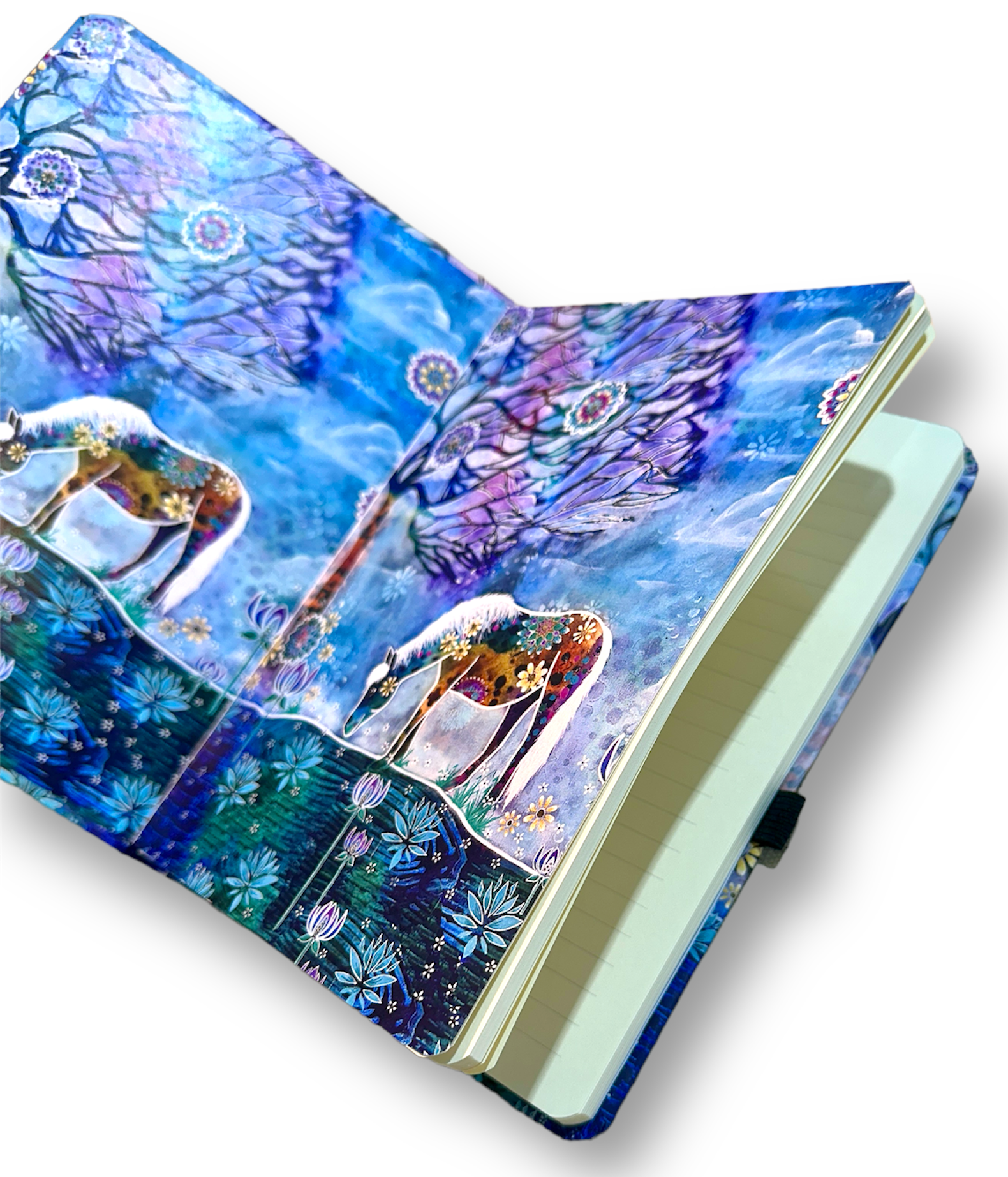 whimsy and me, whimsical horse, intuitive painting, creek, bold colors, lotus flowers, water, free, purple, turquoise, flowers, forest, trees, art, book, journal, lined