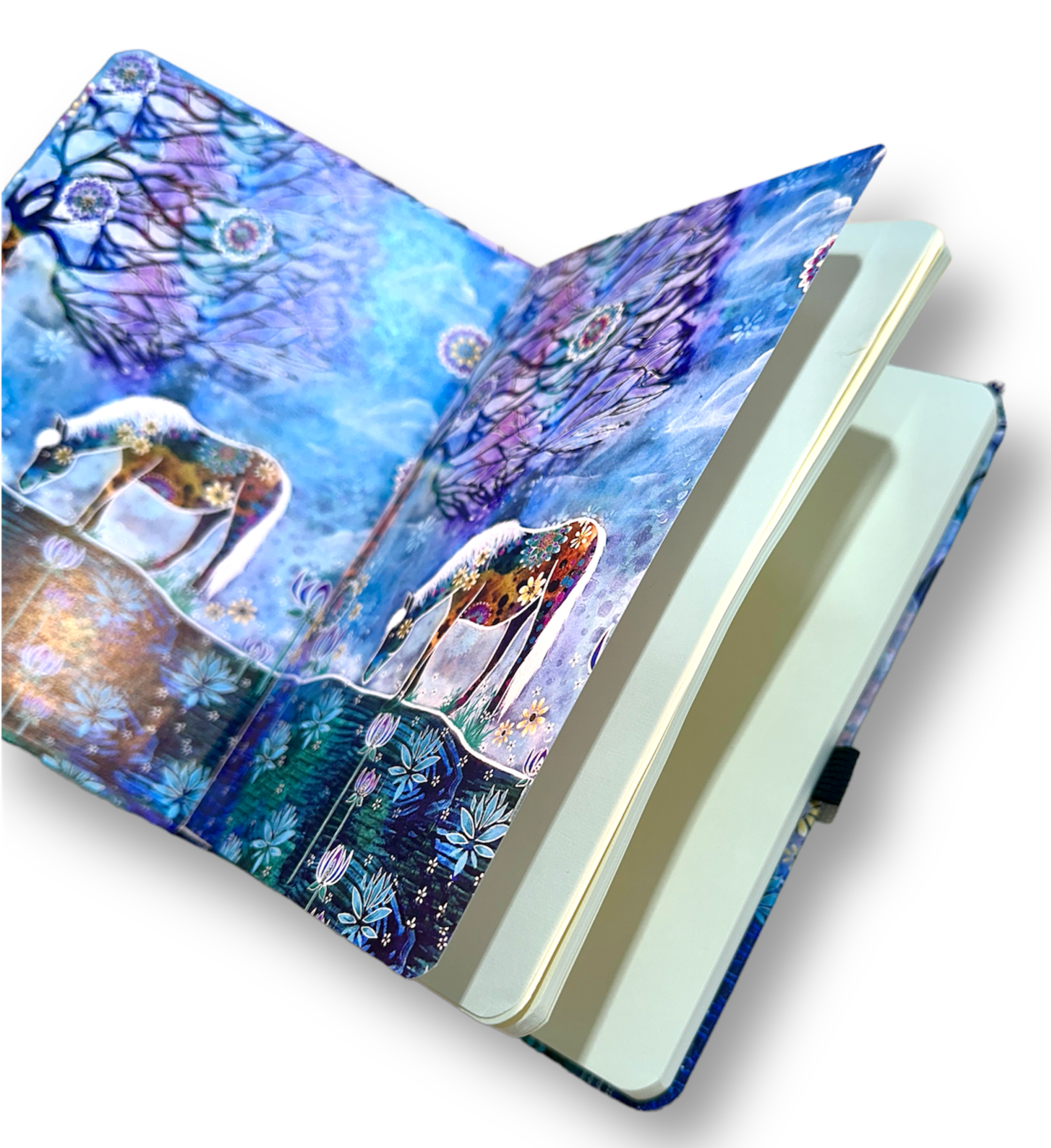 whimsy and me, whimsical horse, intuitive painting, creek, bold colors, lotus flowers, water, free, purple, turquoise, flowers, forest, trees, art, sketch book, journal