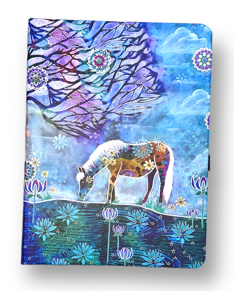 whimsy and me, whimsical horse, intuitive painting, creek, bold colors, lotus flowers, water, free, purple, turquoise, flowers, forest, trees, art, book, journal, lined