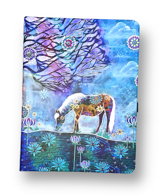whimsy and me, whimsical horse, intuitive painting, creek, bold colors, lotus flowers, water, free, purple, turquoise, flowers, forest, trees, art, sketch book, journal, hard cover
