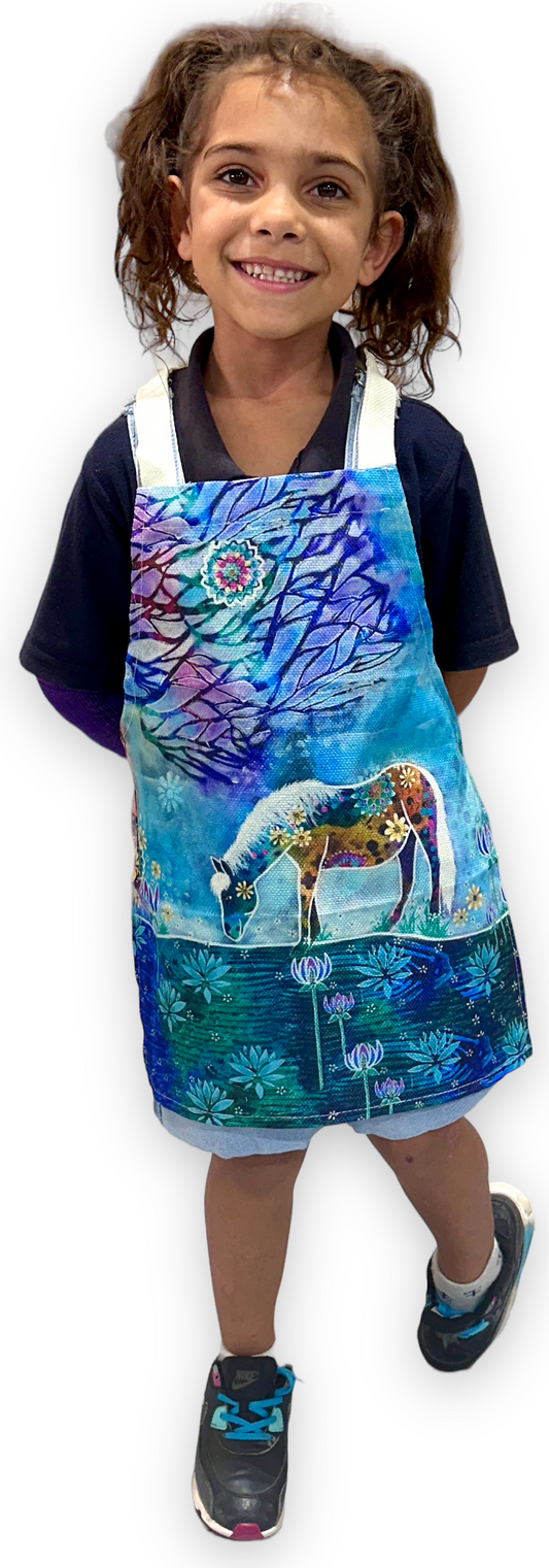 whimsy and me, whimsical horse, intuitive painting, creek, bold colors, lotus flowers, water, free, purple, turquoise, flowers, forest, trees, childs apron