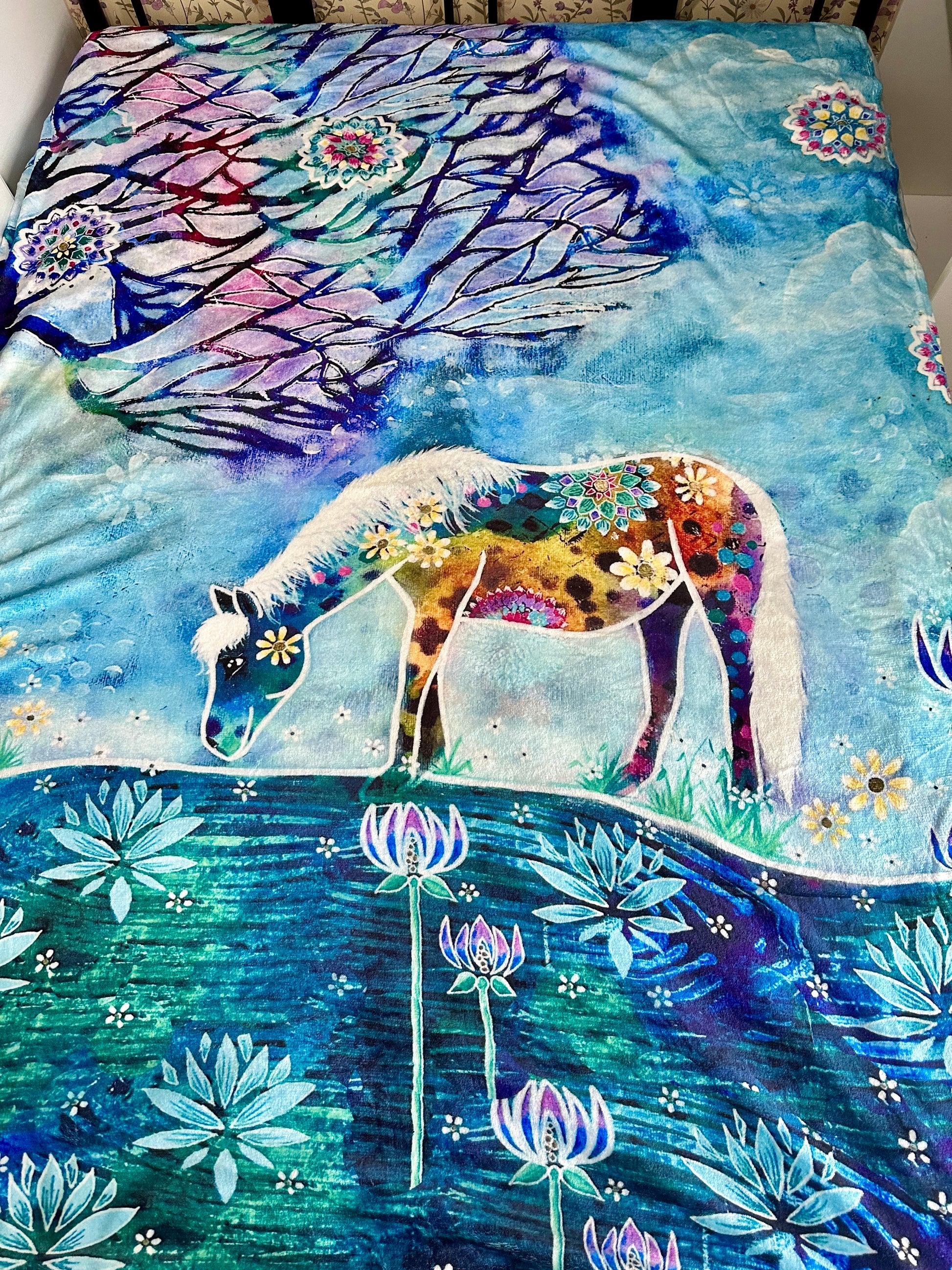 whimsy and me, whimsical horse, intuitive painting, creek, bold colors, lotus flowers, water, free, purple, turquoise, flowers, forest, trees, minki blanket, soft, cosy, snuggly, creative