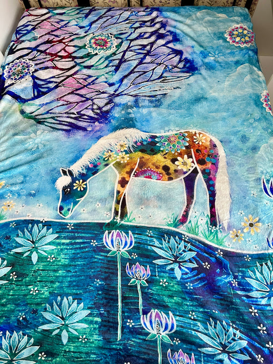 whimsy and me, whimsical horse, intuitive painting, creek, bold colors, lotus flowers, water, free, purple, turquoise, flowers, forest, trees, minki blanket, soft, cosy, snuggly, creative
