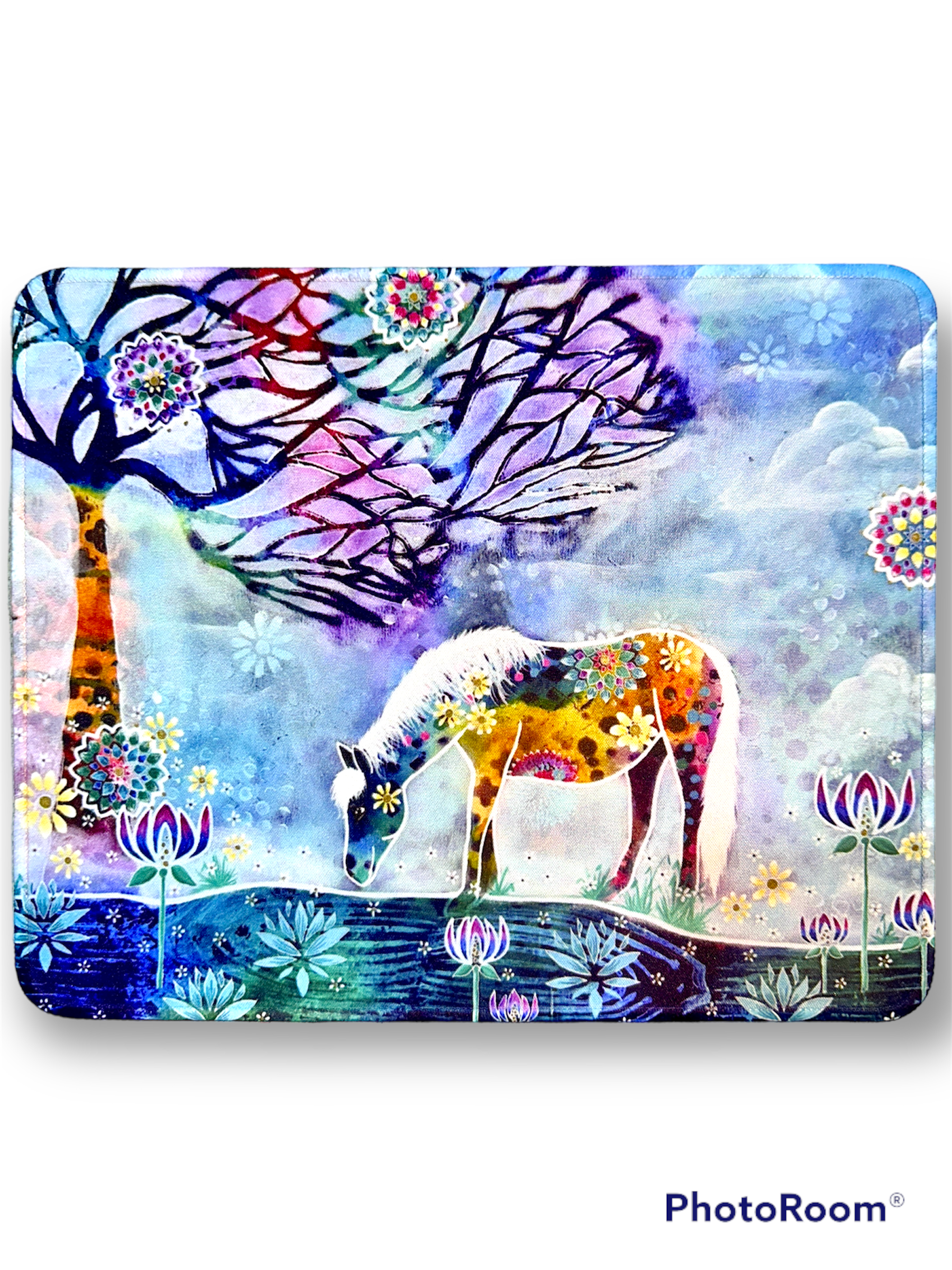 whimsy and me, whimsical horse, intuitive painting, creek, bold colors, lotus flowers, water, free, purple, turquoise, flowers, forest, trees, mouse pad, creative