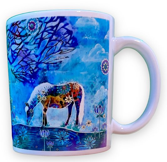 whimsy and me, whimsical horse, intuitive painting, creek, bold colors, lotus flowers, water, free, purple, turquoise, flowers, forest, trees, mug